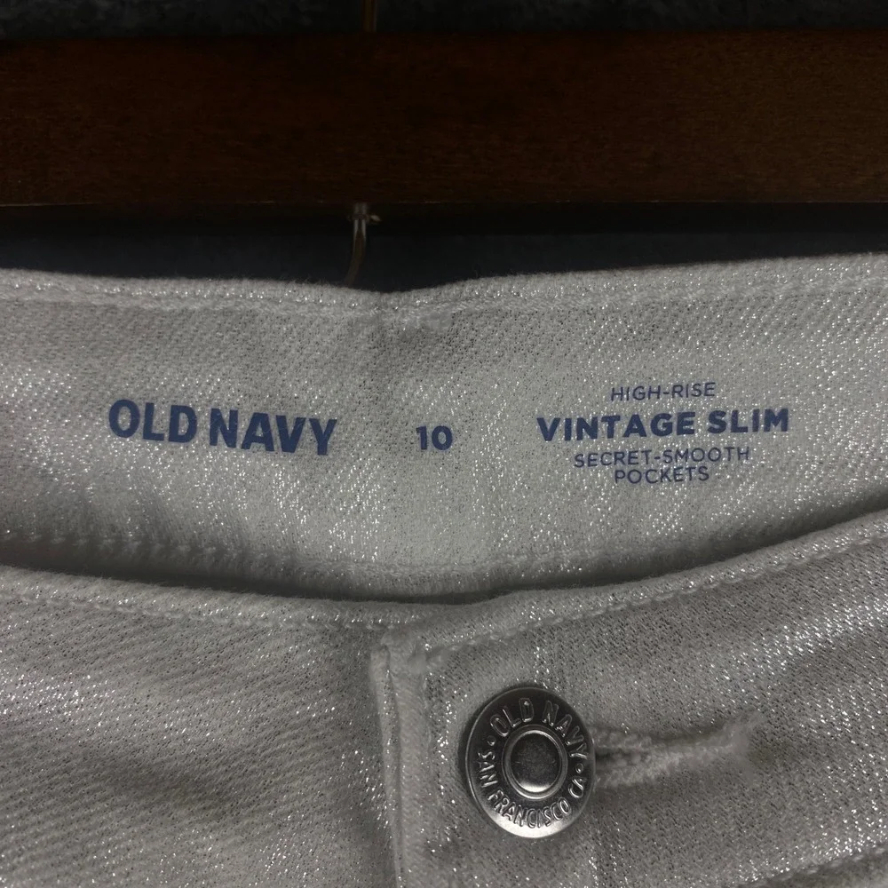 Old Navy Womens‎ 10 Jeans Silver Slim High Rise Festival Disco Glam Retro Party